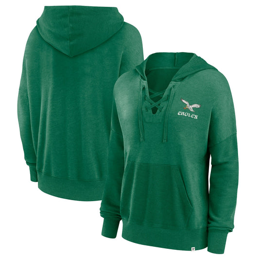 Philadelphia Eagles Fanatics Branded Women's Heritage Snow Wash French Terry Lace-UpPullover Hoodie - Kelly Green